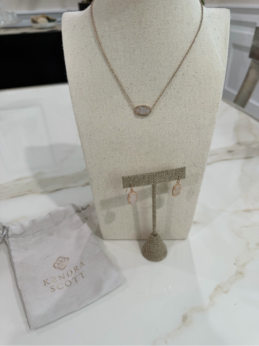 Kendra Scott Gold Necklace and Earring Set with White Drusy